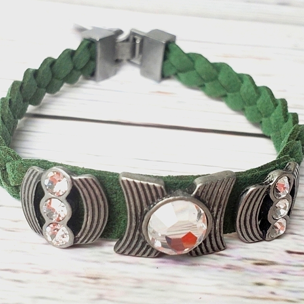 NEW LIA SOPHIA GREEN BRAIDED LEATHER BRACELET RHINESTONES NWT IVY COMPLIANCE SUM